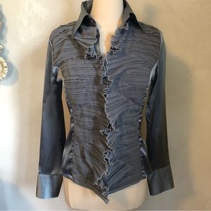 Naracamicie Grey metallic blouse w/shear ruffle design on front size lll/8